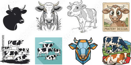 Cow illustration collection, dairy cattle vector, cartoon cow artwork, grazing livestock drawing, rural farm animal design, agriculture artwork
