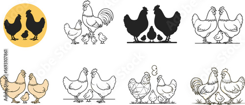 Rooster and chicken silhouette, farm hen illustration, poultry vector drawing, livestock artwork, rural bird design, agriculture animal collection