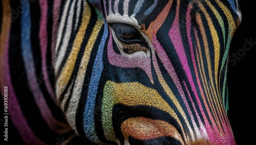 Close-up view of a zebra's face, vibrantly painted with a spectrum of colors, highlighting the intricate pattern and texture of its coat.