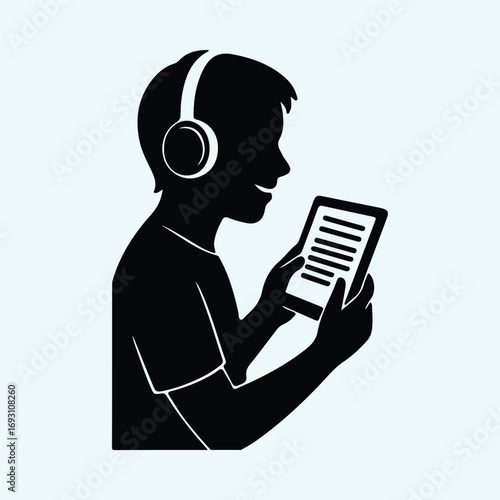Illustrator Vector Boy listening wearing headphones using tablet silhouette