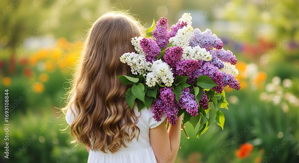 Naklejka premium Girl Holding Lilac Bouquet in Garden.
