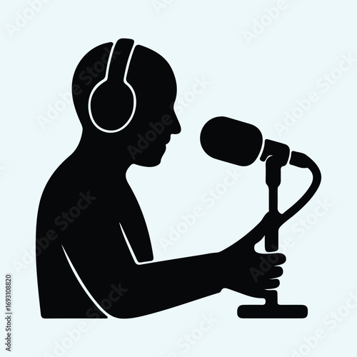 Illustrator Vector Podcaster man with microphone audio host silhouette