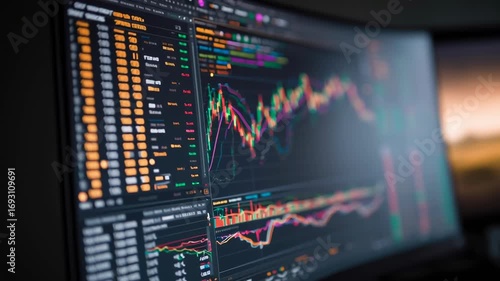 A computer monitor displays a graph of stock prices. The graph is colorful and has many different lines, indicating the fluctuations in the stock market