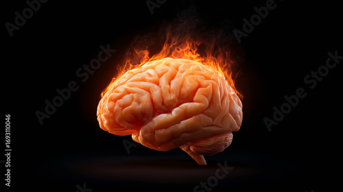 A vividly depicted human brain is engulfed in flames, representing heightened creativity and mental intensity. The dark background enhances the dramatic effect of the fiery brain