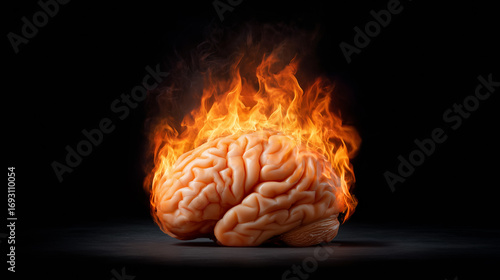 A human brain is covered in bright flames, symbolizing the fierce power of thought and creativity. The dark background enhances the striking contrast of fire and the brain's details