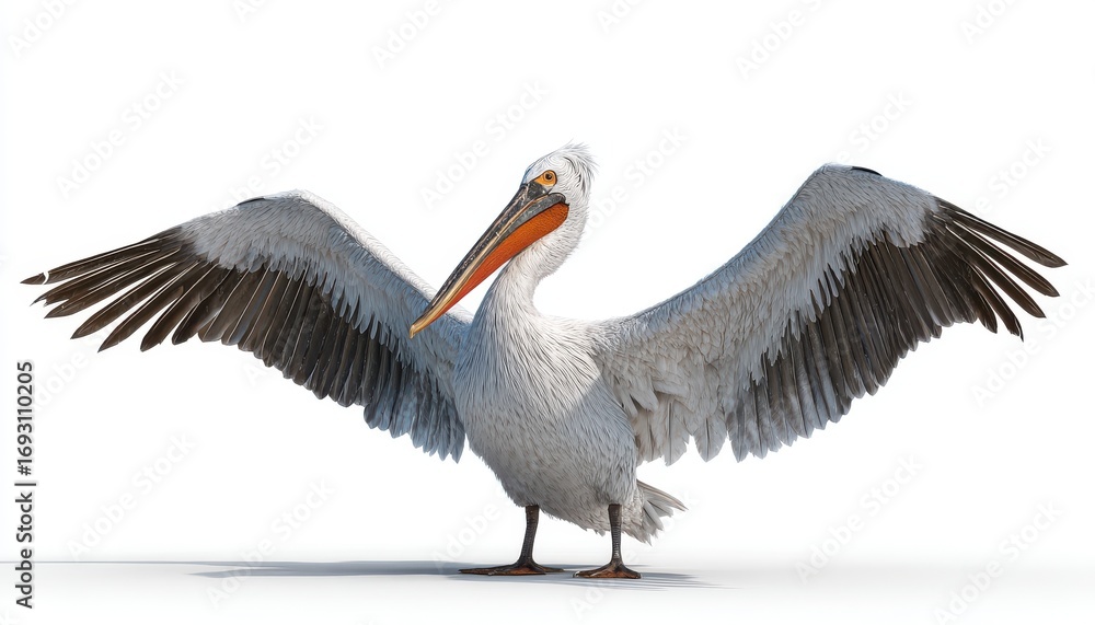 Fototapeta premium White Pelican Spreading Wings in a Studio Setting on White Background
