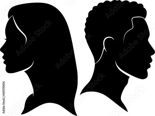 vector set, Vector illustration of silhouette man and woman portrait in profile. Male and female head on a white background side view.
