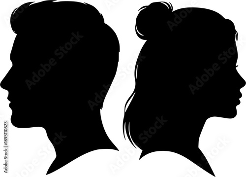 vector set, Vector illustration of silhouette man and woman portrait in profile. Male and female head on a white background side view.
