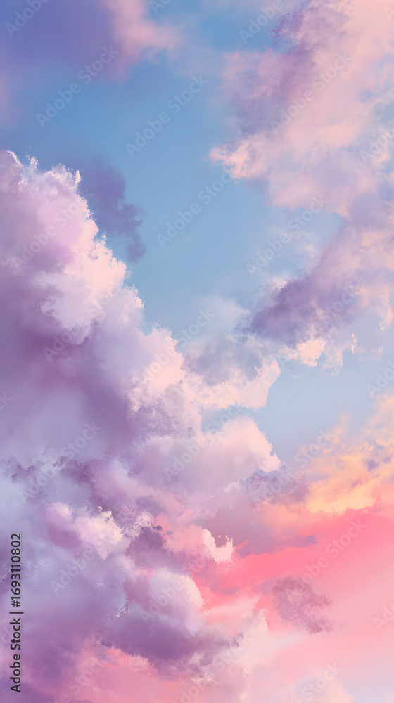 Obraz premium Dreamy pastel clouds at sunset paint the sky with vibrant pinks and purples, evoking peace and wonder