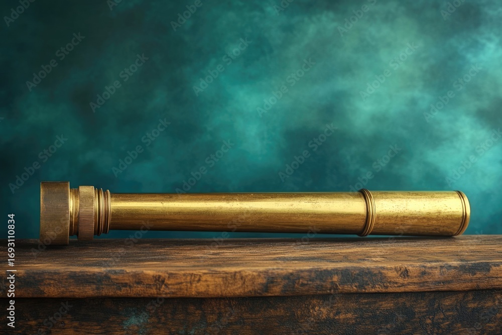 Obraz premium Antique brass telescope rests on a wooden surface against a teal background, evoking nautical exploration.