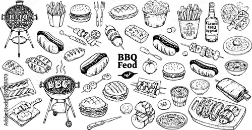 Hand drawn vector illustrations. BBQ collection. Barbeque design elements in sketch style. Fast food. Perfect for menu, prints, packing, leaflets, advertising