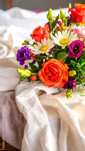 Vibrant bouquet of mixed flowers on white cloth