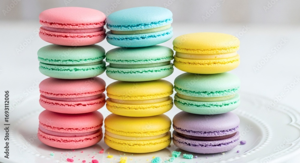 Obraz premium Colorful macarons stacked on a white plate
