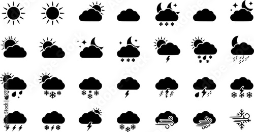 Weather icons. Weather forecast icon set. Clouds logo. Weather , clouds, sunny day, moon, snowflakes, wind, sun day. Vector illustration.
