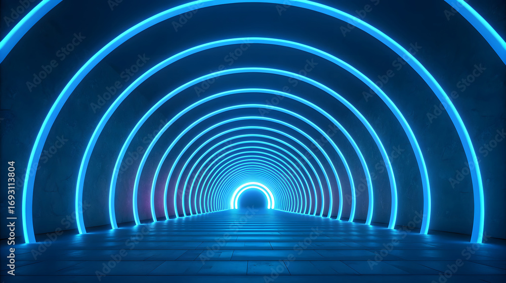 Fototapeta premium Blue Neon Arches Tunnel Perspective light