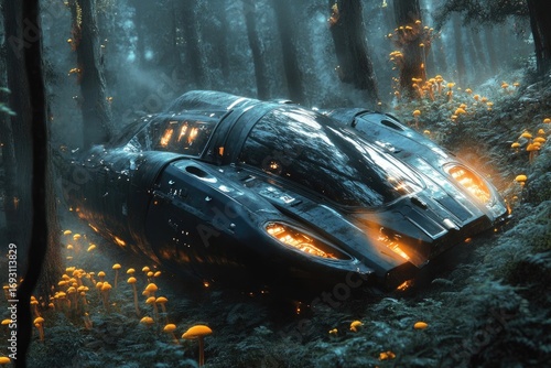 A futuristic vehicle rests in an enchanted forest, glowing lights illuminating bioluminescent mushrooms.