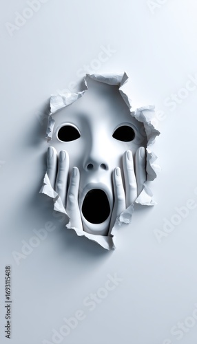 Frightening Face Emerging from Torn Paper Sheet in Monochrome Art