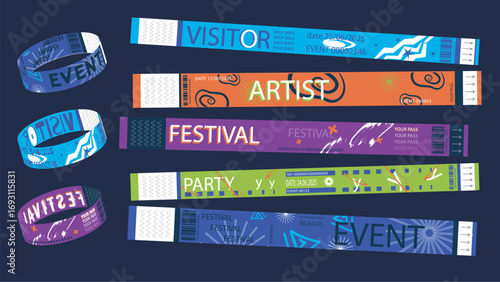 Y2k event party bracelet design. Retro modern pass ticket set for nightclubs entrance access. Colourful festival wristband prints pack, entry ribbons for visitors and artists. Vector illustration.