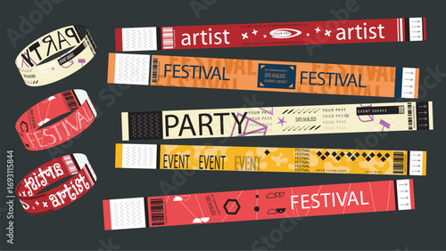 Y2k event party bracelet design. Retro modern pass ticket set for nightclubs entrance access. Colourful festival wristband prints for entry control and guests identification. Vector illustration.