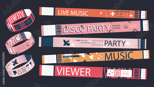 Y2k event party bracelet design. Retro modern pass ticket set for nightclubs entrance access. Bright colours wristband prints, artists and viewers labels, live performance badges. Vector illustration.