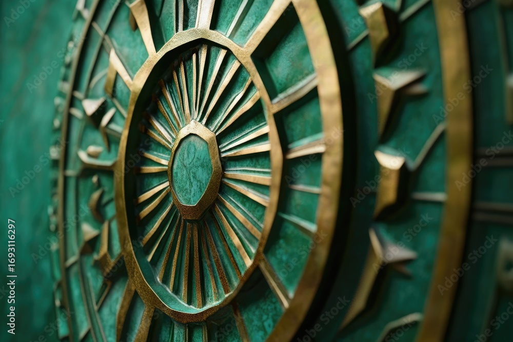 Obraz premium Intricate green and gold circular design with geometric patterns, radiating lines, and a central gemstone.