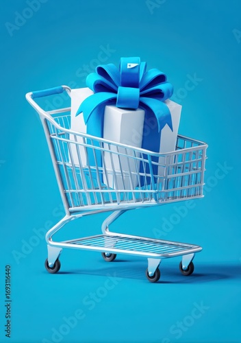 Gift Shopping with Elegance: A pristine shopping cart tenderly carries a luminous gift box, adorned with a cerulean ribbon, against a vibrant azure backdrop. It captures the essence of giving.