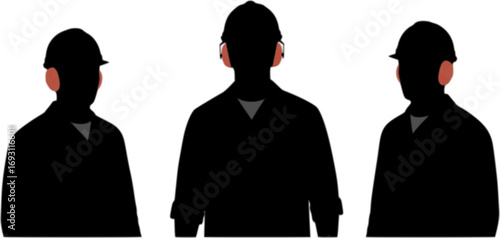 Three construction workers wearing hard hats and ear protection silhouette
