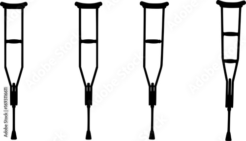 Four identical medical crutches shown in a clean silhouette against a white background

