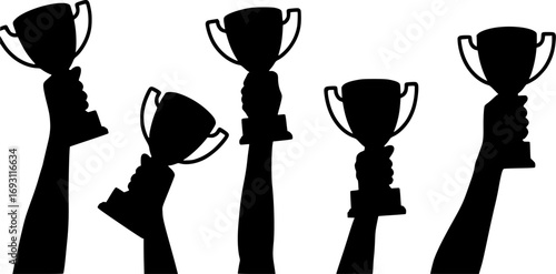 Five hands holding up trophies celebrating victory and achievement silhouette
