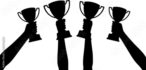 Four hands holding up trophies celebrating victory and achievement silhouette
