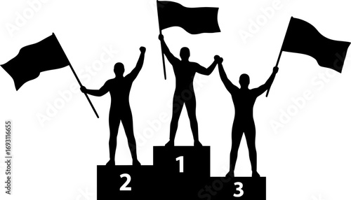 Three winners celebrating victory on a podium holding flags silhouette
