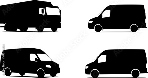 Collection of four distinct black vehicle silhouettes including a truck and three vans
