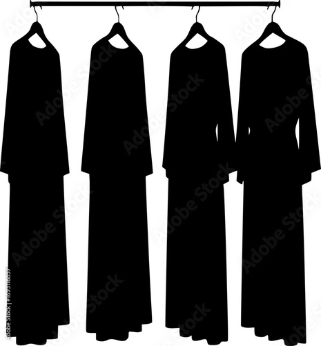 Four black long robes hanging on hangers in a row silhouette
