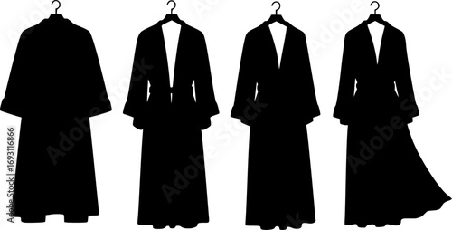 Four black long robes hanging on hangers in a row silhouette
