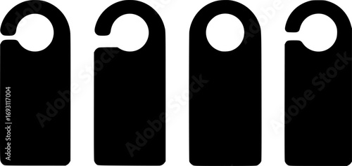 Four black door hanger tags in a row isolated on a white background silhouette
