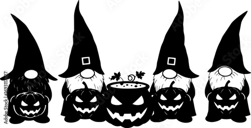 Four halloween gnomes with pumpkins silhouette
