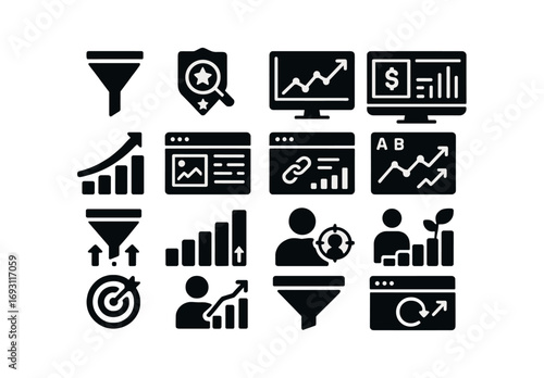 Business and analytics solid icon set. data, performance tracking visuals