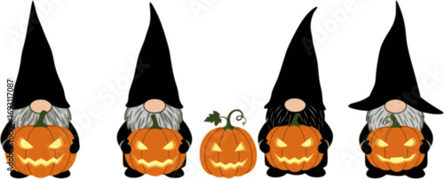 Four halloween gnomes with pumpkins silhouette
