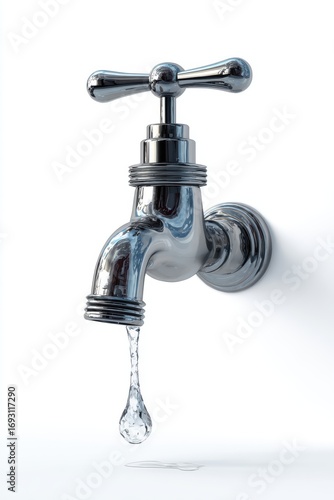 Chrome Faucet with Water Droplet in Bright White Background