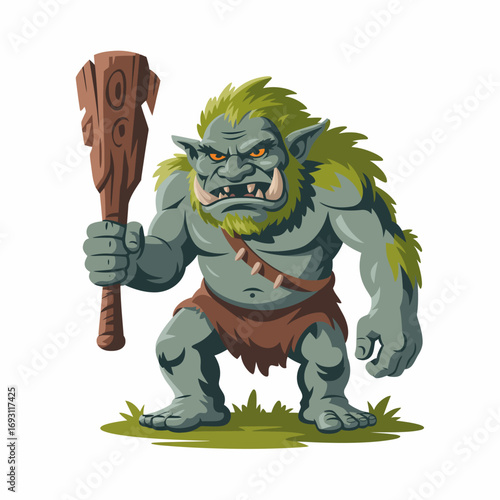 Fearsome green troll with club standing in grass