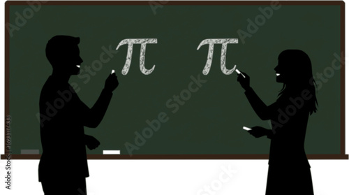 Two cheerful students in silhouette writing the greek letter pi on a blackboard
