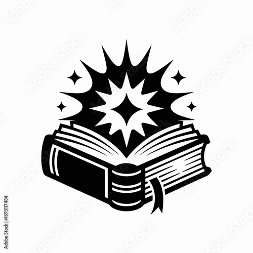 Open book with bursting stars and sparkles symbolizing knowledge and magic