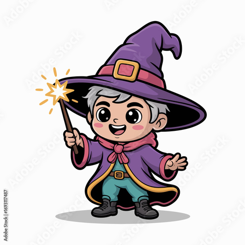 Cute cartoon wizard boy casting magic with a wand and hat