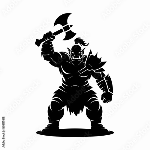 Silhouette of a powerful orc warrior holding a large axe overhead