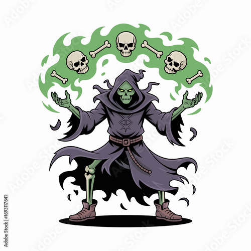 Grim reaper with green smoke and skulls illustration