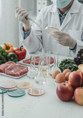 Clinical Laboratory Scene with Researcher Testing Fresh Food Ingredients for Quality and Contamination; editorial content, academic publications, medical journals, food industry marketing, nutrition..