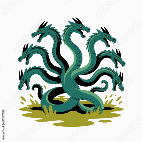 Mythical multi headed green dragon serpent creature illustration