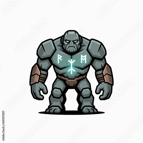 Mighty stone golem warrior with glowing runes on chest