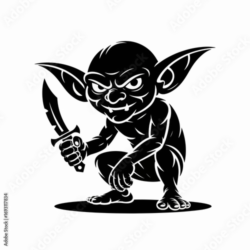 Fierce goblin warrior crouching with dagger illustration