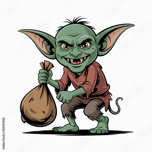Mischievous green goblin holding a sack of treasure with a sly grin